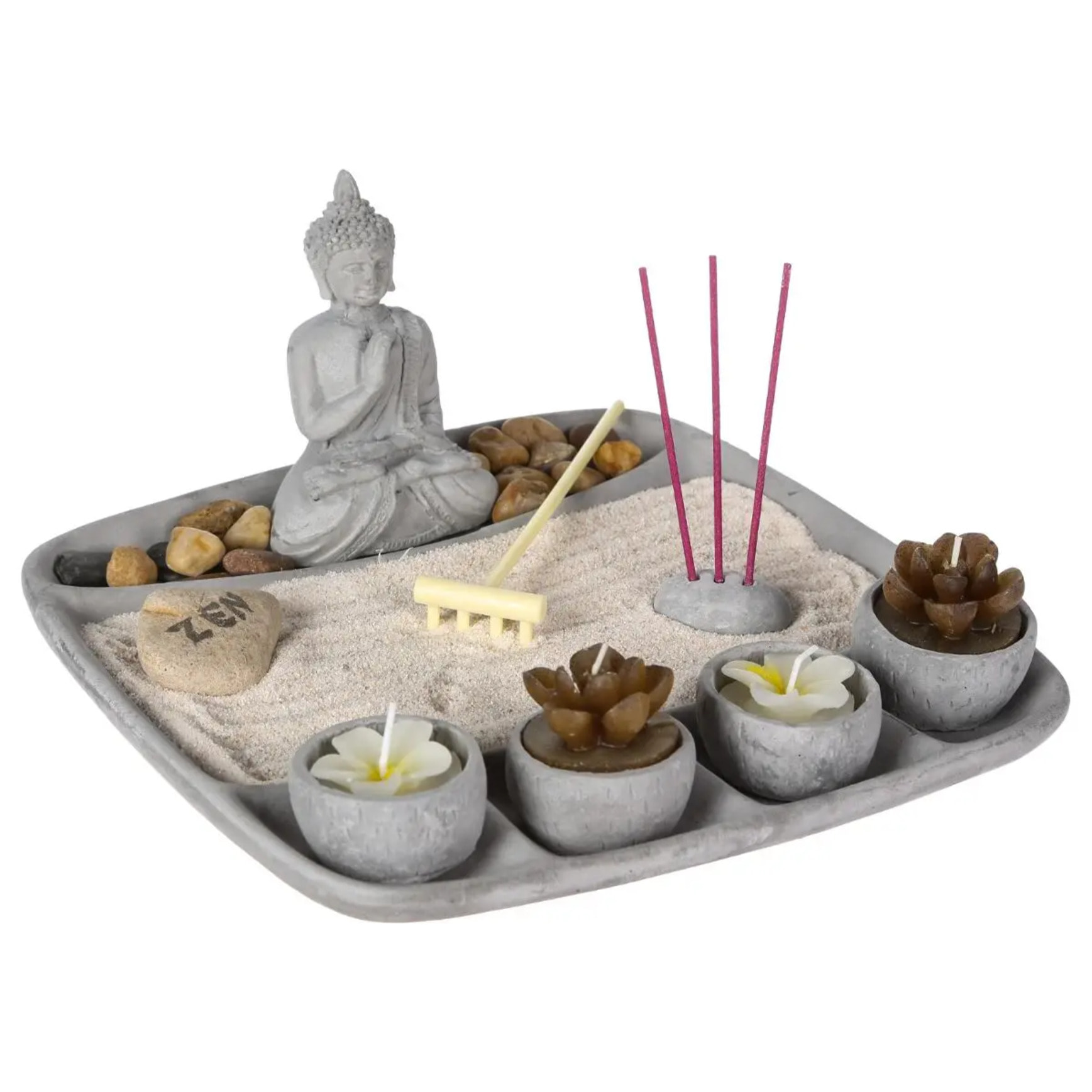 Jardin zen avec 4 bougies Aditya 23x23cm ciment