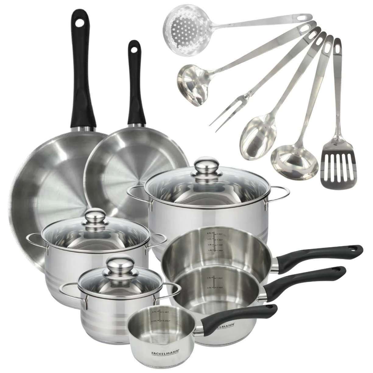 Set 2 poêles, 3 casseroles 12 16 20 cm, 3 faitouts 16, 20 et 24 cm en inox et 6 ustensiles inox Fackelmann Geneva
