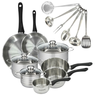 Set 2 poêles, 3 casseroles 12 16 20 cm, 3 faitouts 16, 20 et 24 cm en inox et 6 ustensiles inox Fackelmann Geneva