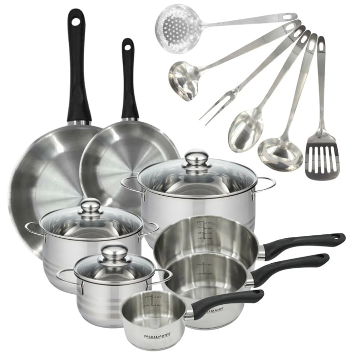 Set 2 poêles, 3 casseroles 12 16 20 cm, 3 faitouts 16, 20 et 24 cm en inox et 6 ustensiles inox Fackelmann Geneva