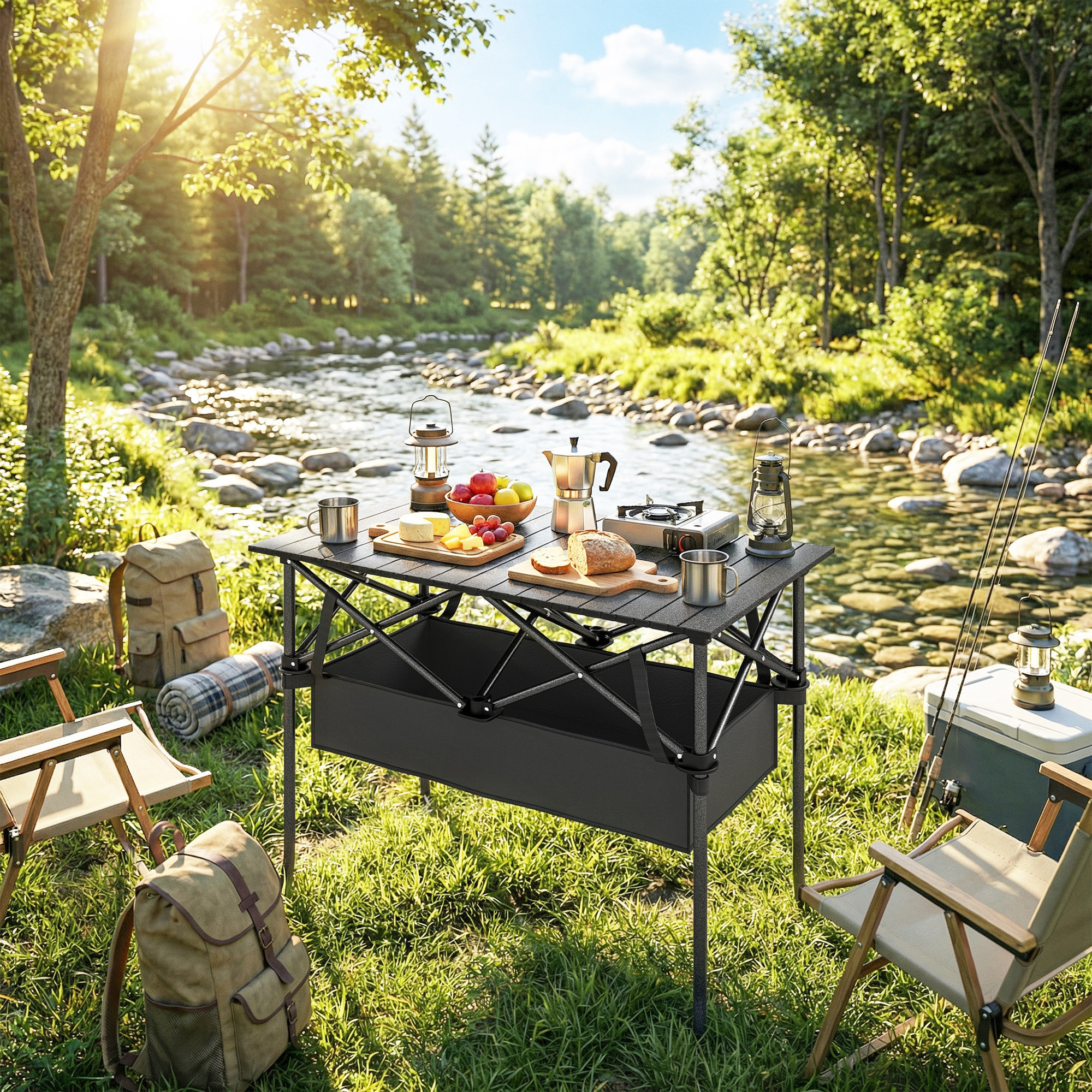 Mesa Plegable Camping, 93x55x68 cm, Mesa Plegable Portátil con Red de Almacenamiento, Encimera Enrollable de Aluminio, Marco Metálico, Bolsa de Transporte, para Acampar, Senderismo, Negro