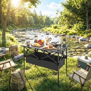 Mesa Plegable Camping, 93x55x68 cm, Mesa Plegable Portátil con Red de Almacenamiento, Encimera Enrollable de Aluminio, Marco Metálico, Bolsa de Transporte, para Acampar, Senderismo, Negro