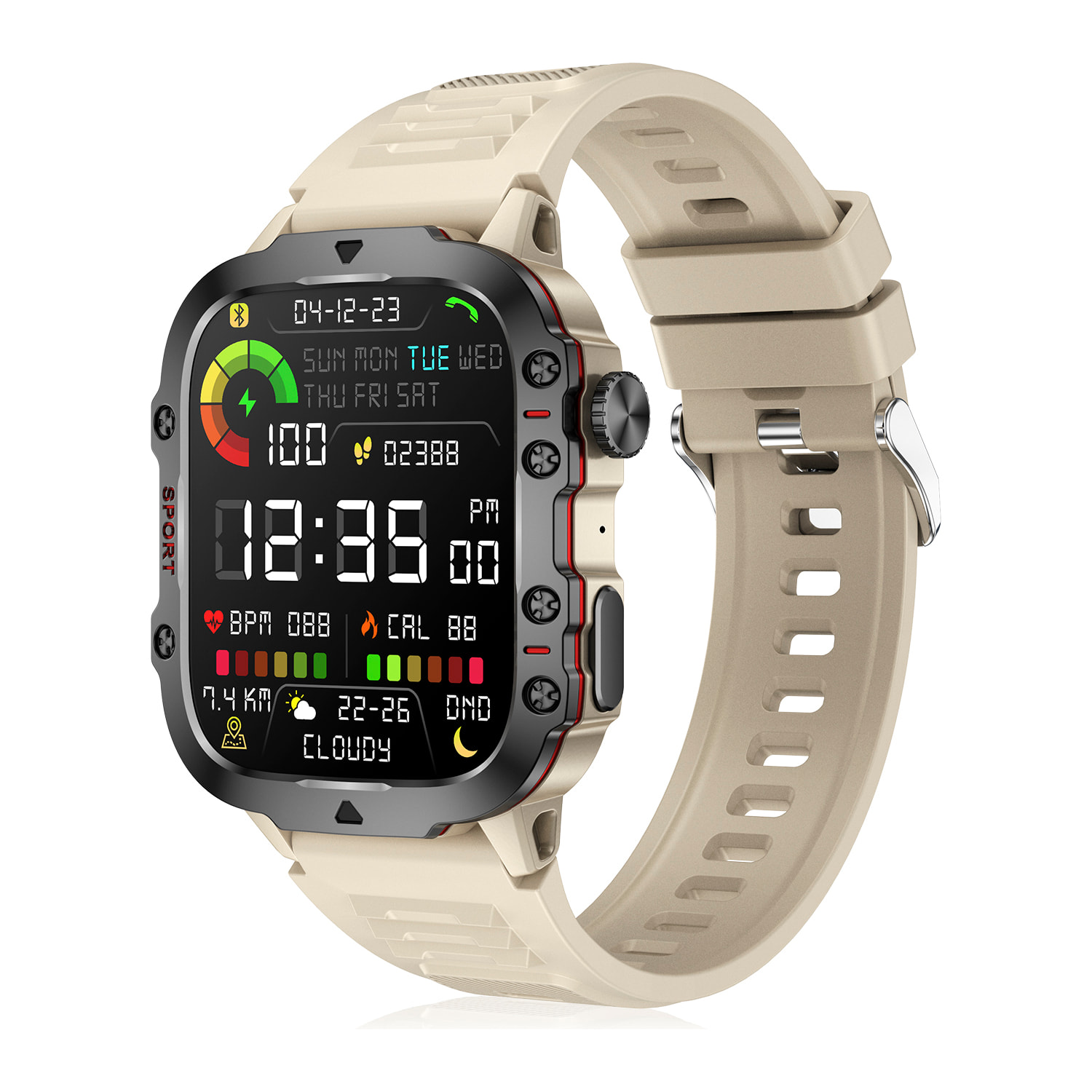 DAM Smartwatch QX11 outdoor. Llamadas Bluetooth, notificaciones push, más de 100 modos deportivos. Monitor cardiaco y O2. 5x1,2x4,3 Cm. Color: Beige