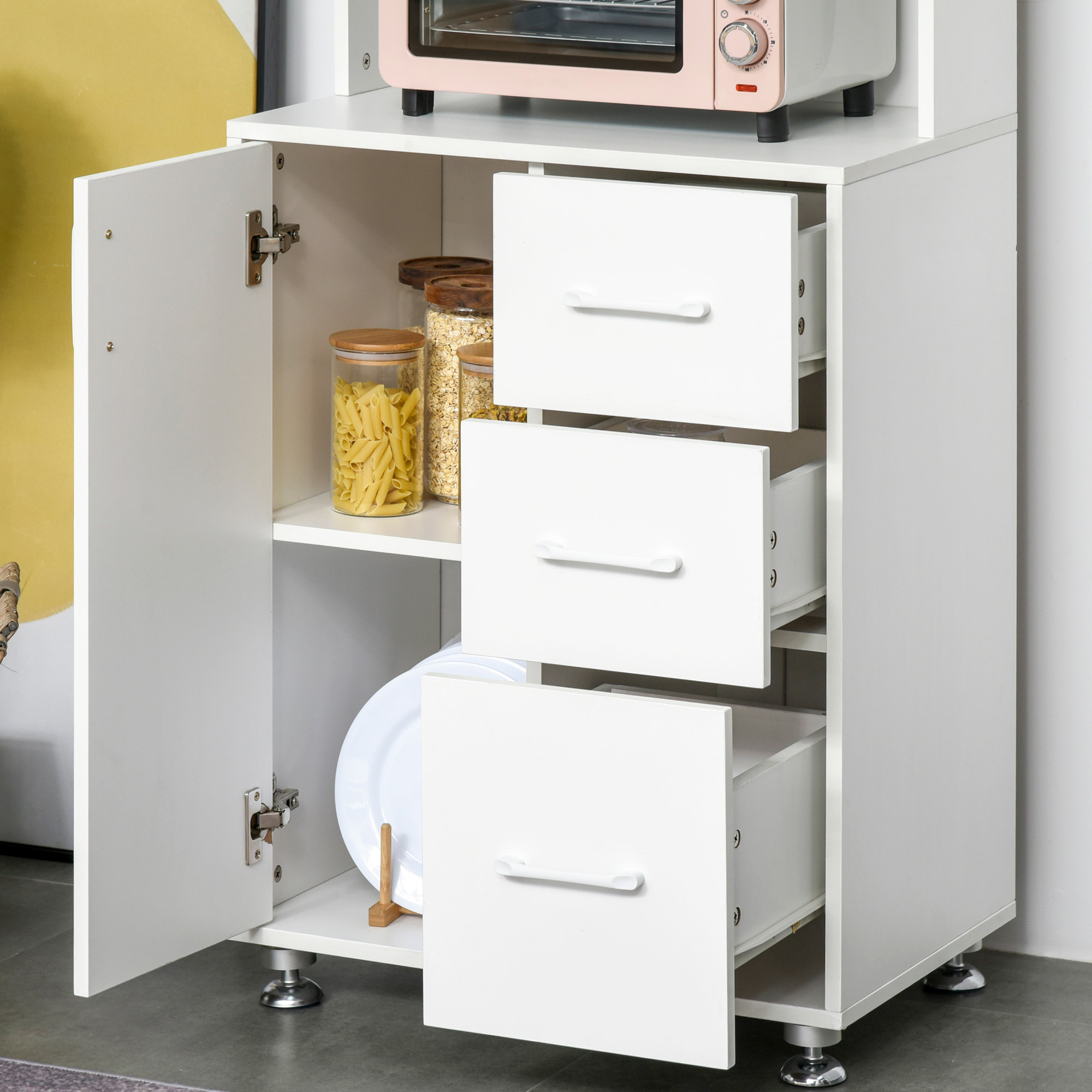 Armoire de cuisine multi-rangement 2 + 1 porte 3 tiroirs + grand plateau blanc