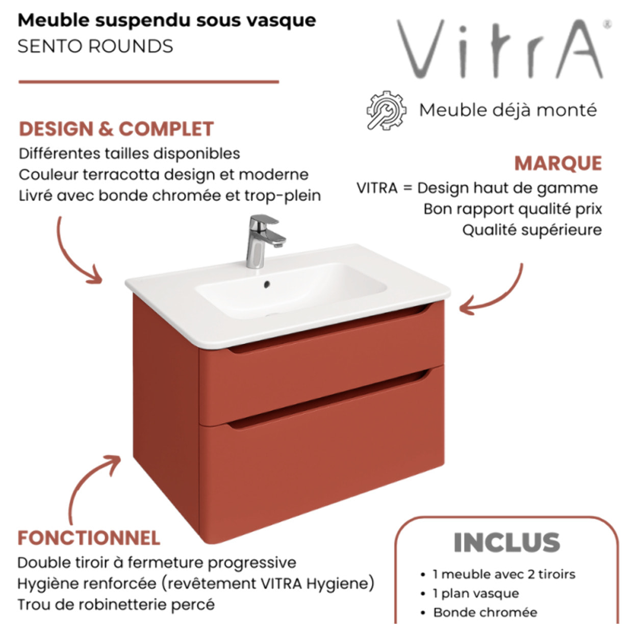 Meuble vasque supendu VITRA Sento Round 80cm Terracotta mat