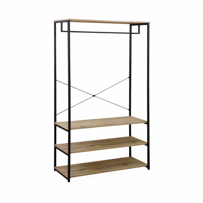 Dressing. vestiaire. portemanteau en métal noir et décor bois. Loft. 3 étagères. une barre de penderie  L 100 x l 40 x H 167cm
