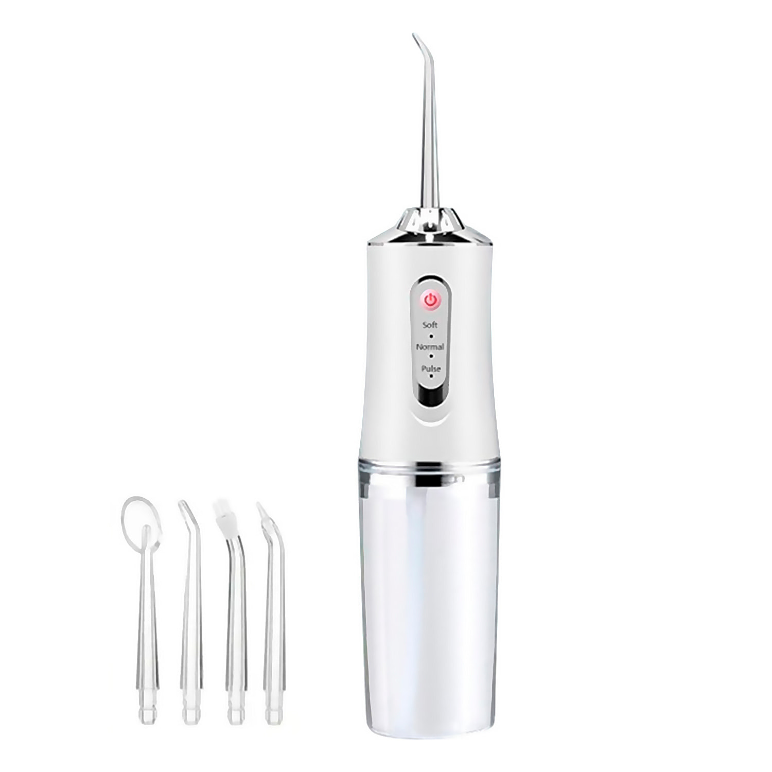 Irrigador bucal recargable con 4 boquillas. Déposito de 230ml, rotación de 360° y 3 modos de uso.