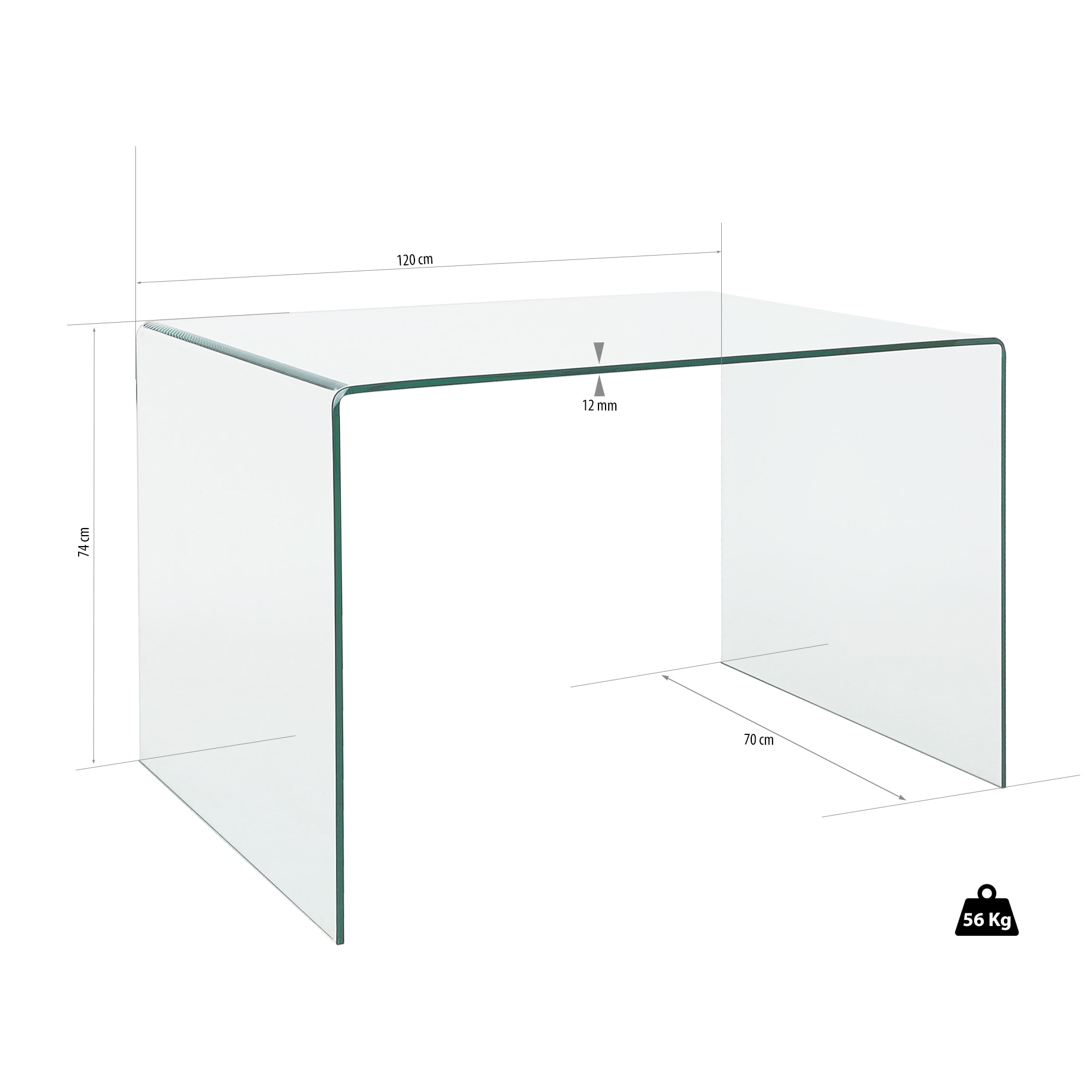 Scrivania Scrittoio da Ufficio Studio Soggiorno in Vetro Curvato Design Curvo Stile Moderno Minimal Chic - Luxury Z-09 - 120 x 74 x 70 cm Trasparente