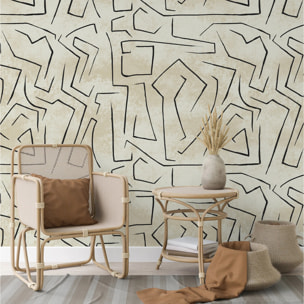 Carta da Parati Beige Graffiti con Strisce Nere Astratta