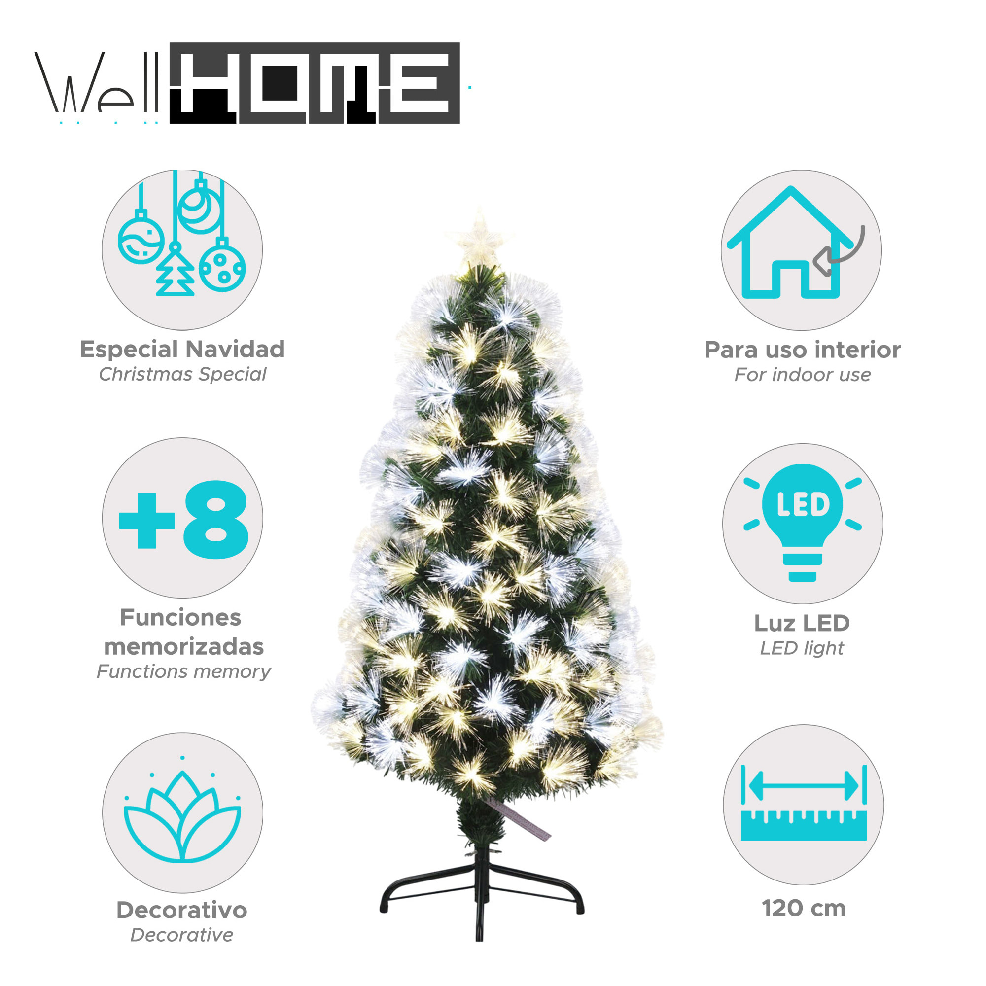Árbol de navidad de fibra óptica con 135 luces led blanco y blanco cálido y 8 funciones de color h.120cm