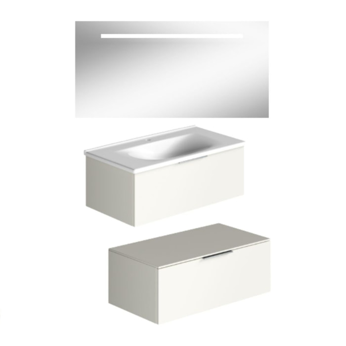 Meuble vasque 90 cm BURGBAD Olena en décalé blanc brillant + miroir