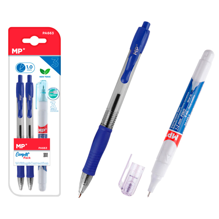SET DE ESCRITURA: 2 bolígrafos retráctiles azules y 1 corrector líquido tipo bolígrafo.