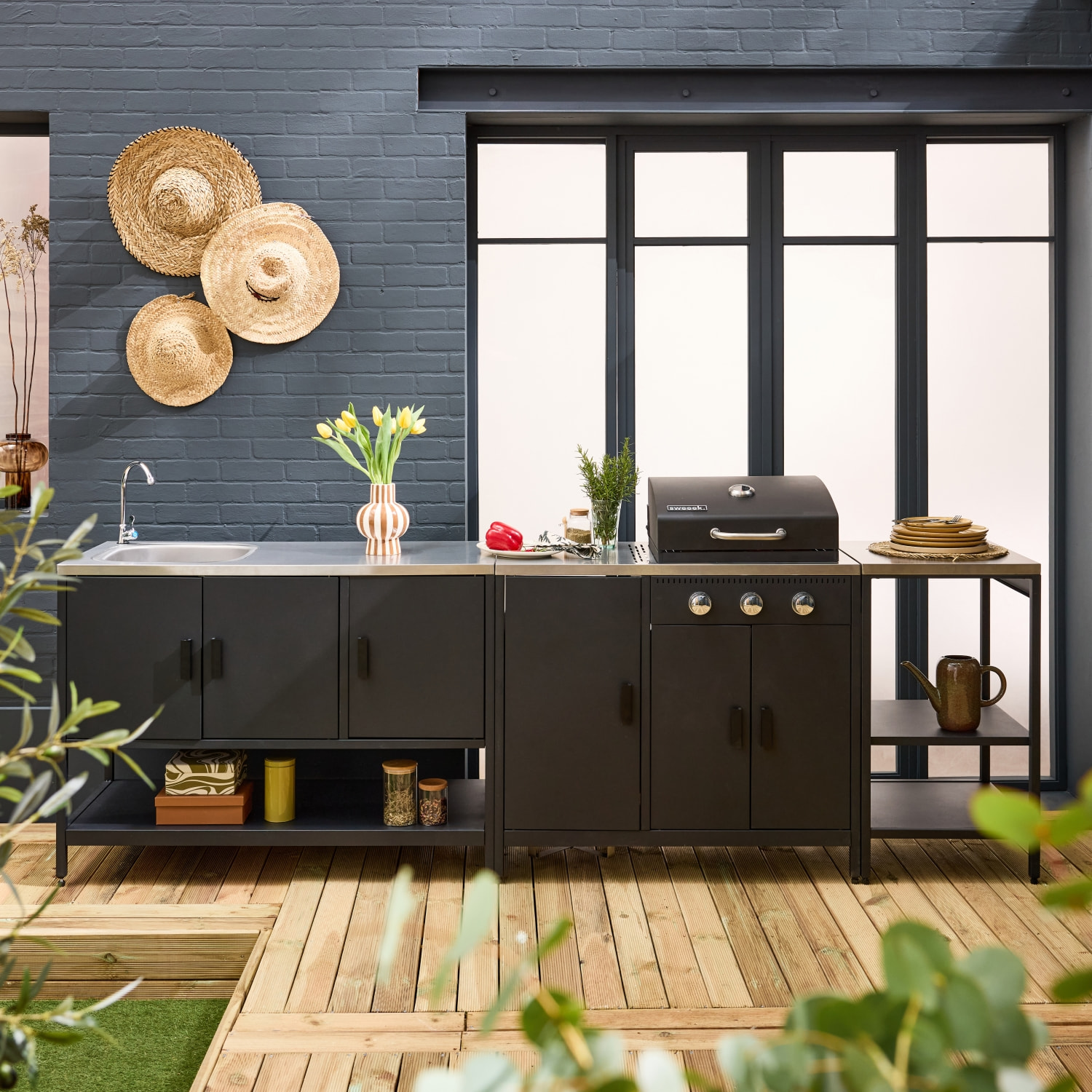 Cuisine d'extérieure 3 modules avec barbecue gaz 3 brûleurs sur pieds, thermomètre NAXOS BARBECUE GAZ + 3 MODULES