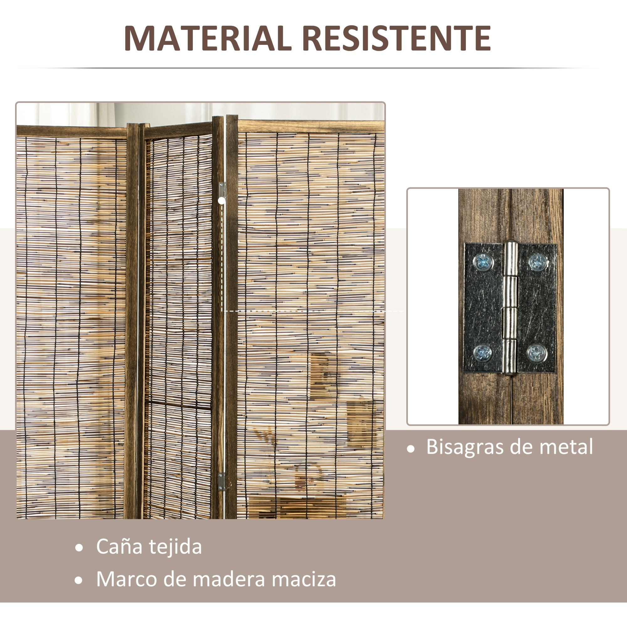 Biombo de 4 Paneles Divisor de Habitación Plegable 160x1,8x170 cm Separador de Ambientes de Madera y Carrizo Estilo Rústico para Oficina Dormitorio Salón Natural