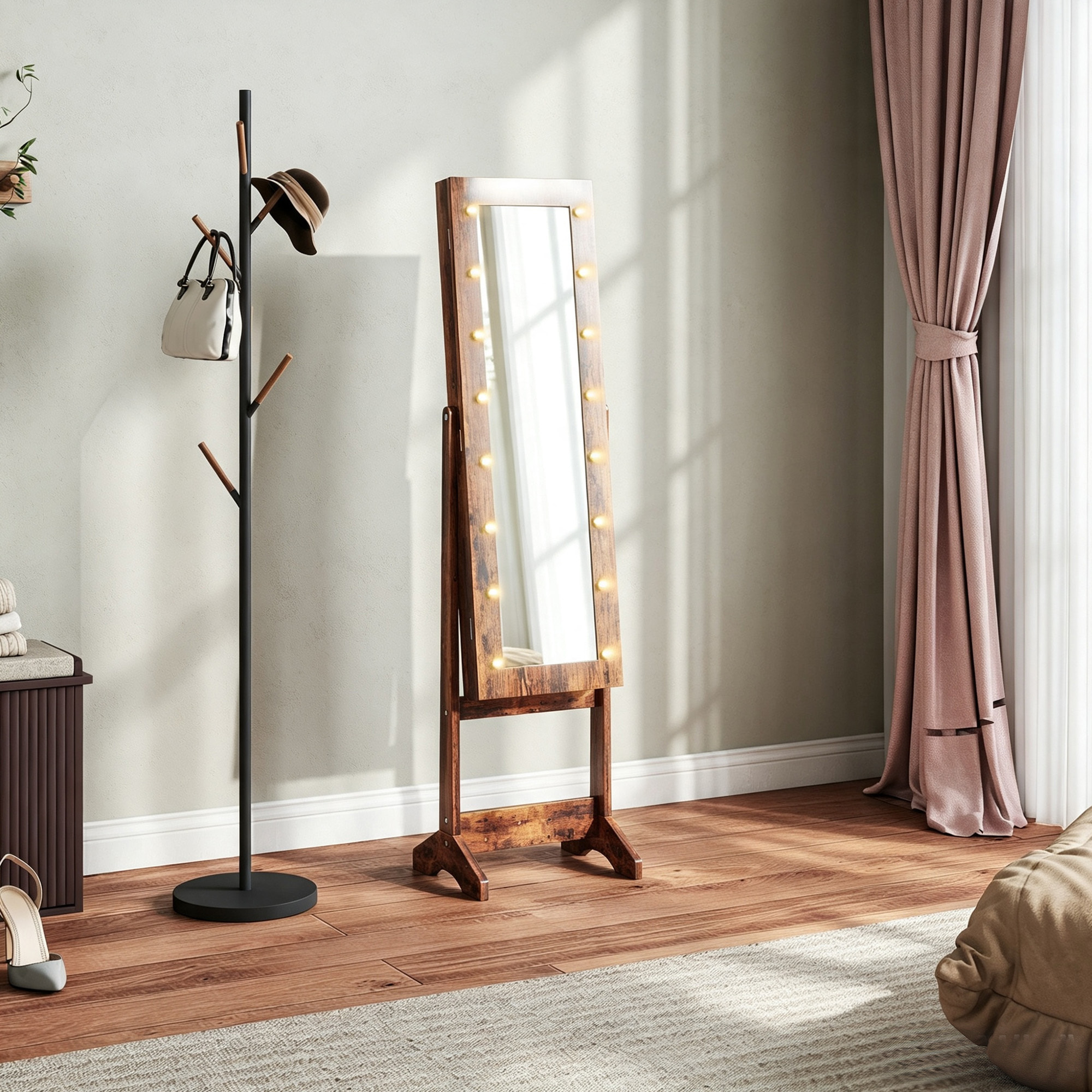 Armoire à bijoux sur pieds avec miroir multi-rangement éclairage LED effet bois vieilli