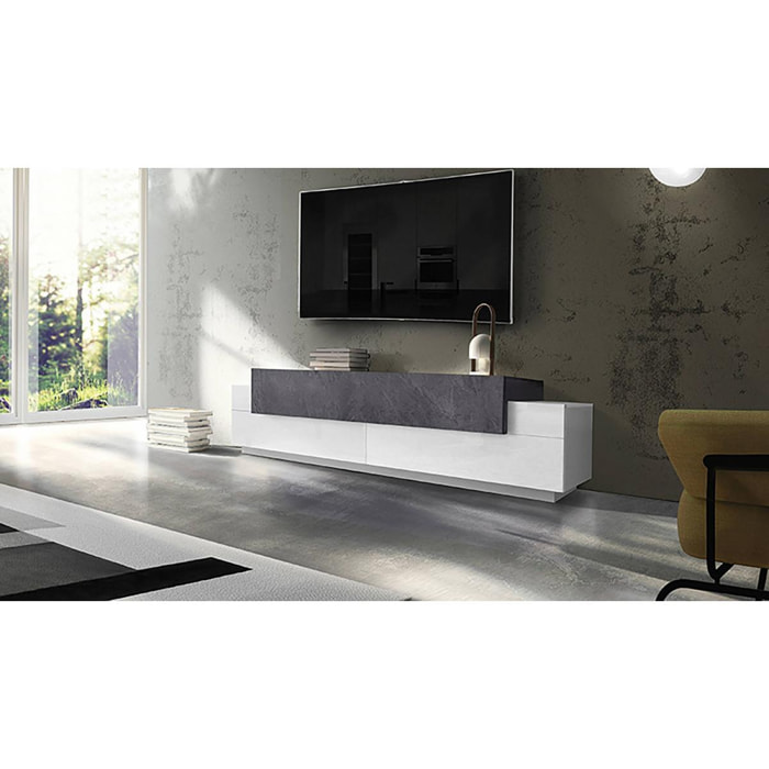 Mobile da soggiorno Porta TV, Made in Italy, Supporto per TV da salotto a 3 ante e ripiani, cm 200x45h52, colore Bianco lucido e Grigio Cenere