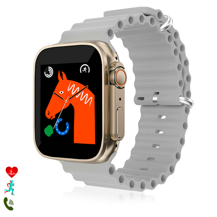 Smartwatch T500 Ultra, avviso di notifiche, tastiera di chiamata bluetooth, modalità sportive e monitor cardiaco.