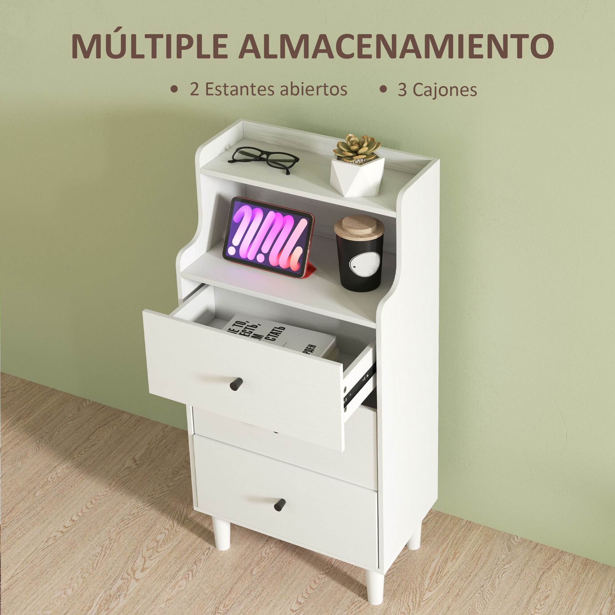 Cómoda con 3 Cajones Cómoda de Dormitorio Estrecha con Estantes Abiertos Anti-vuelco Cajonera Alta para Salón Pasillo 47x29x95 cm Blanco