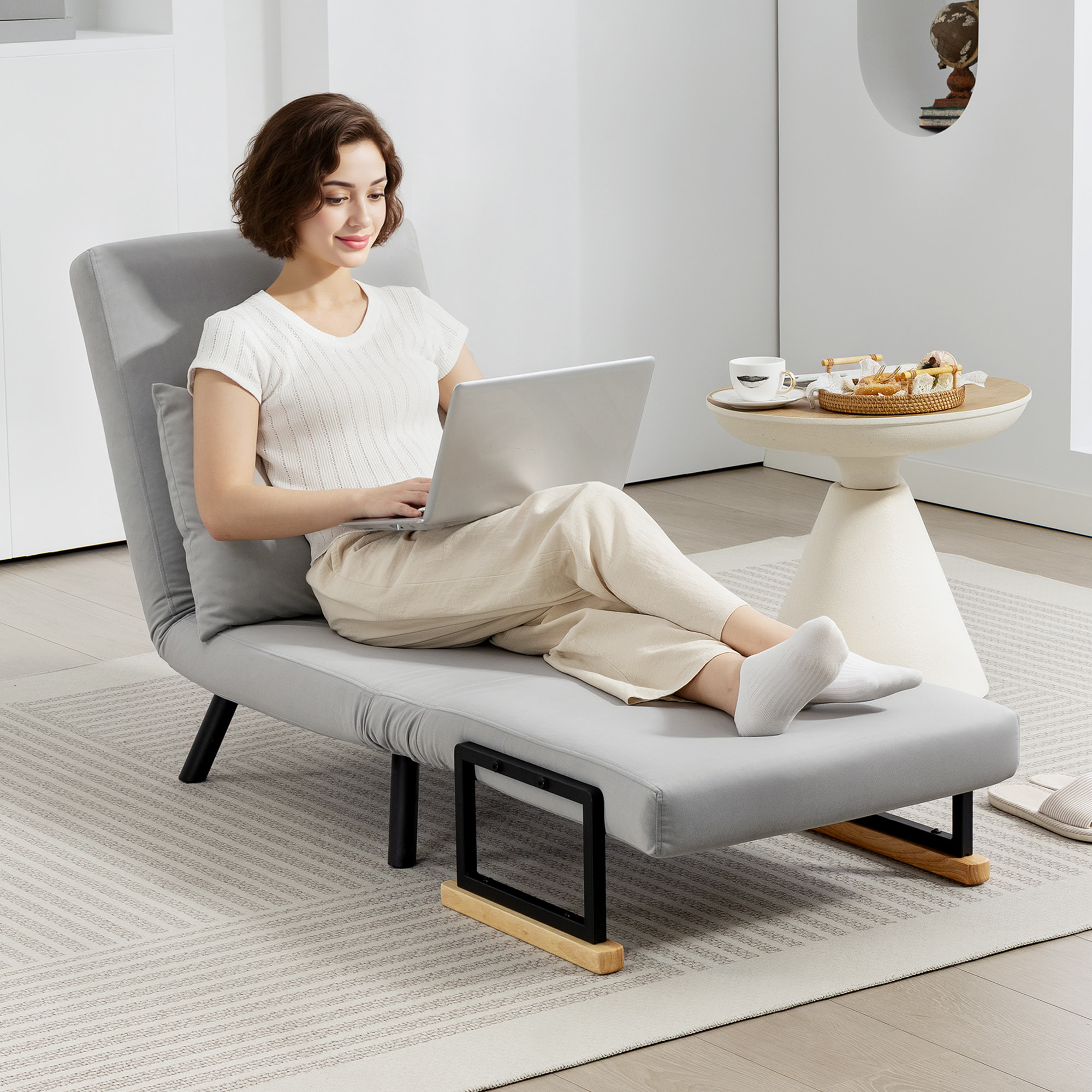 Sofá Cama de 1 Plaza 4 en 1, Sofá Cama Plegable Tapizado en Terciopelo con Respaldo Ajustable de 5 Niveles y Almohada Acolchada, para Oficina, Dormitorio, Salón, 63x73x81 cm, Gris Claro