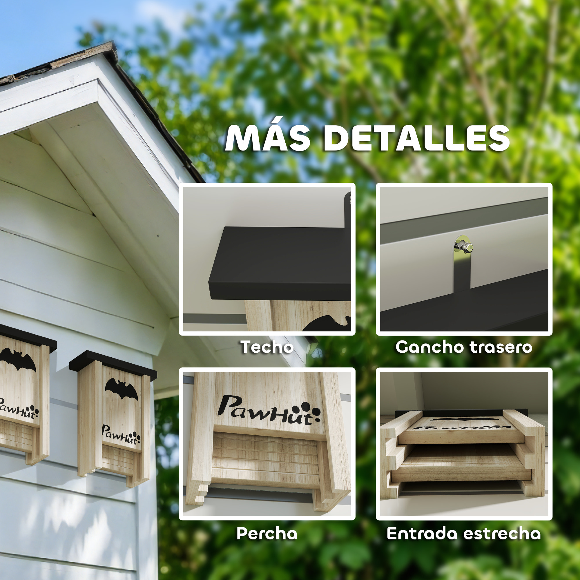 Pack de 3 Casas para Murciélagos de Madera Maciza, Cajas para Murciélagos, Resistente a la Intemperie, para Exterior, Jardín, Huerto o Granja, con Plataforma de Aterrizaje, Fácil de Colgar