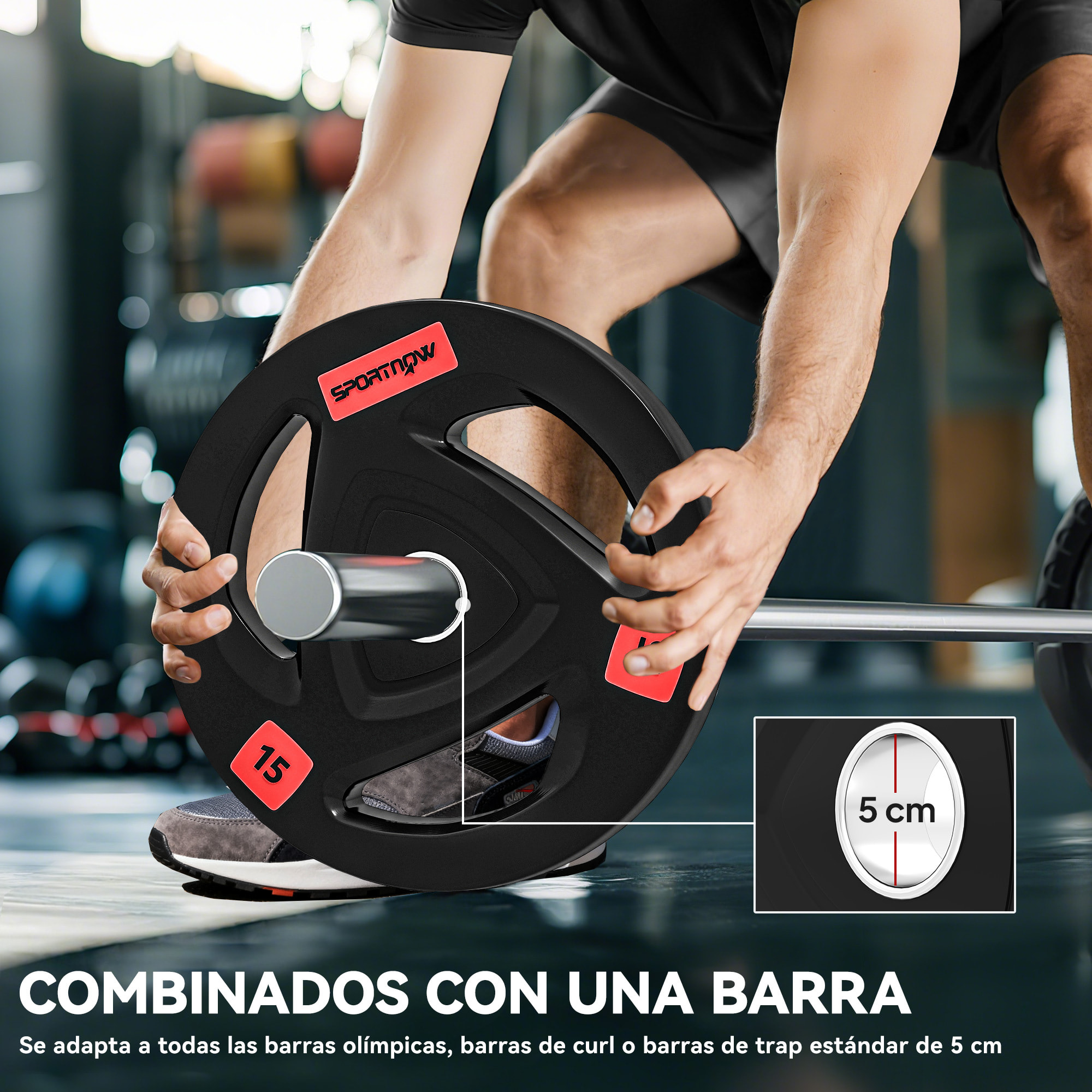 Discos Pesas Olímpicos 15 kg, Agujero Ø50 mm, de Hierro Fundido, Recubierta de Goma, 2 Placas de Pesas con Triple Agarre, para Mancuernas y Barras, Entrenamiento en Casa, Gimnasio, Negro