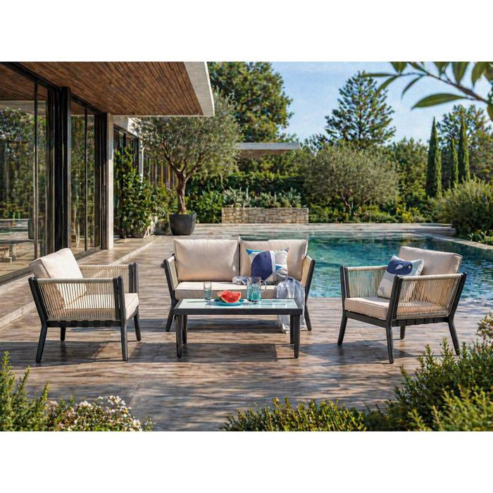 Salon jardin alu et corde écru-noir AMINATA