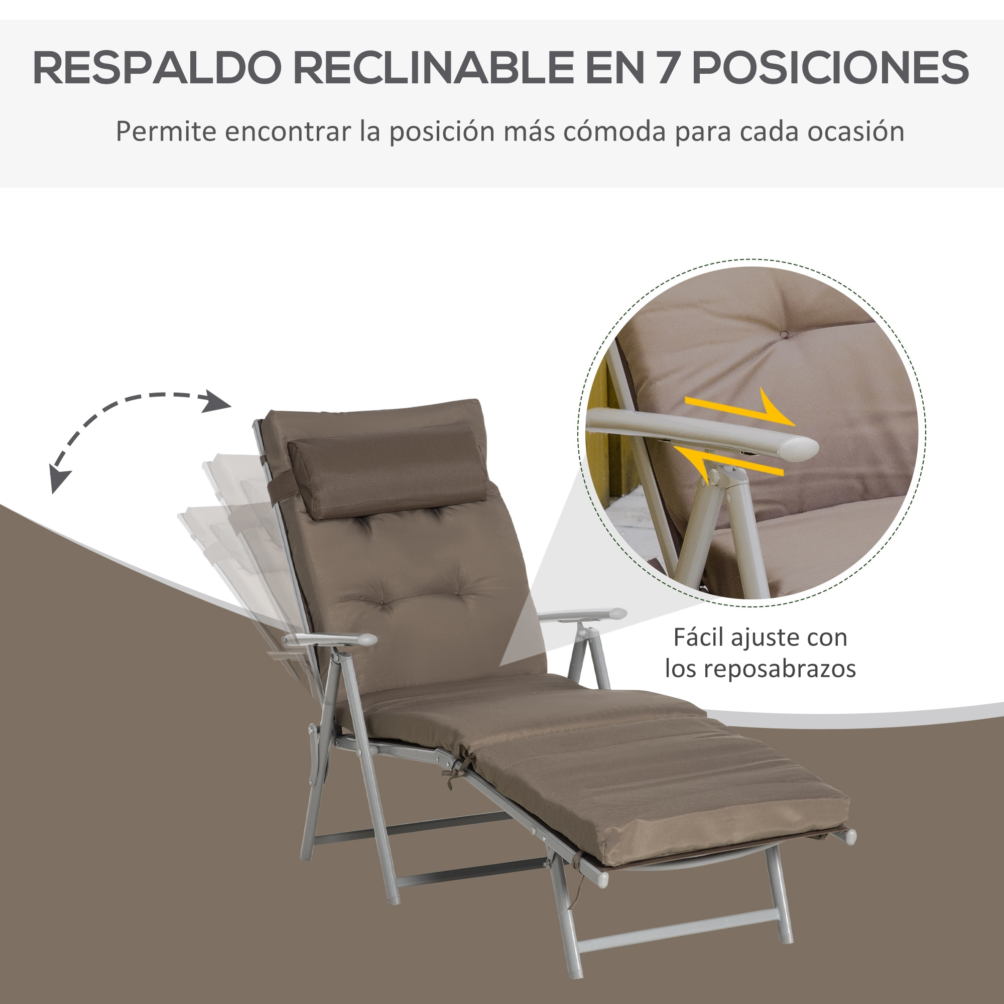 Tumbona Plegable Tumbona de Jardín con Respaldo Ajustable en 7 Posiciones con Cojín Cuerpo Entero y Cabeza para Terraza Piscina Carga 165 kg 137x63,5x100,5 cm Marrón