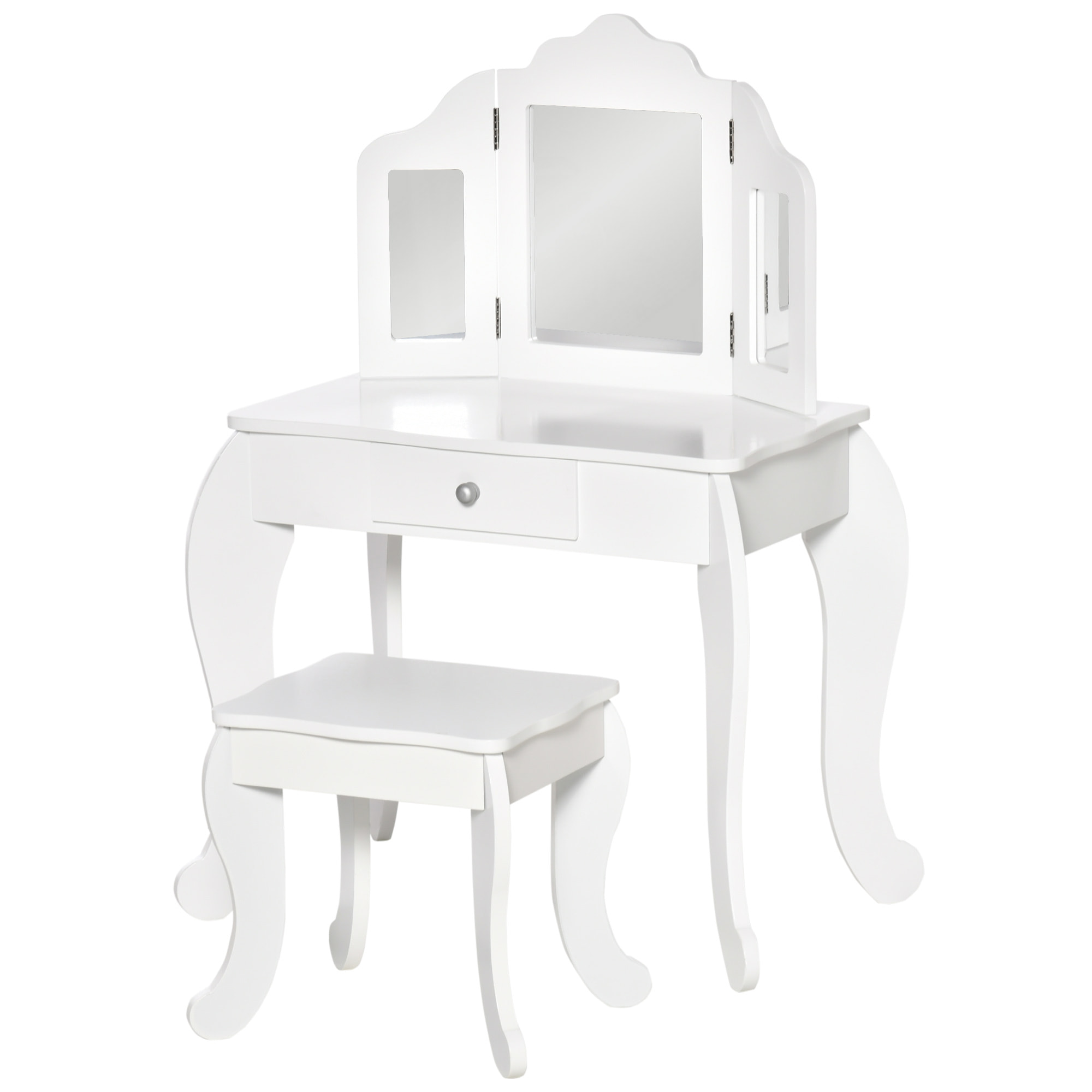 Coiffeuse enfant avec tabouret, miroir triptyque et tiroir coulissant - coiffeuse dim. 63L x 40l x 85,5H cm - MDF blanc acrylique