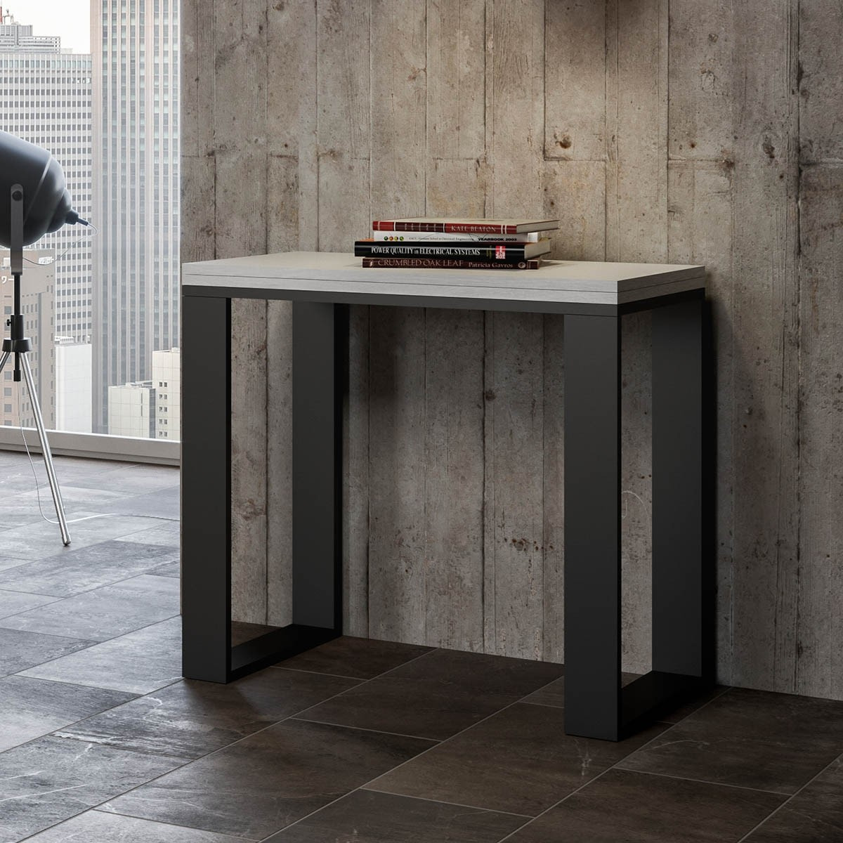 Console extensible portefeuille 90x45/90 cm Tecno Libra Frêne Blanc cadre Anthracite