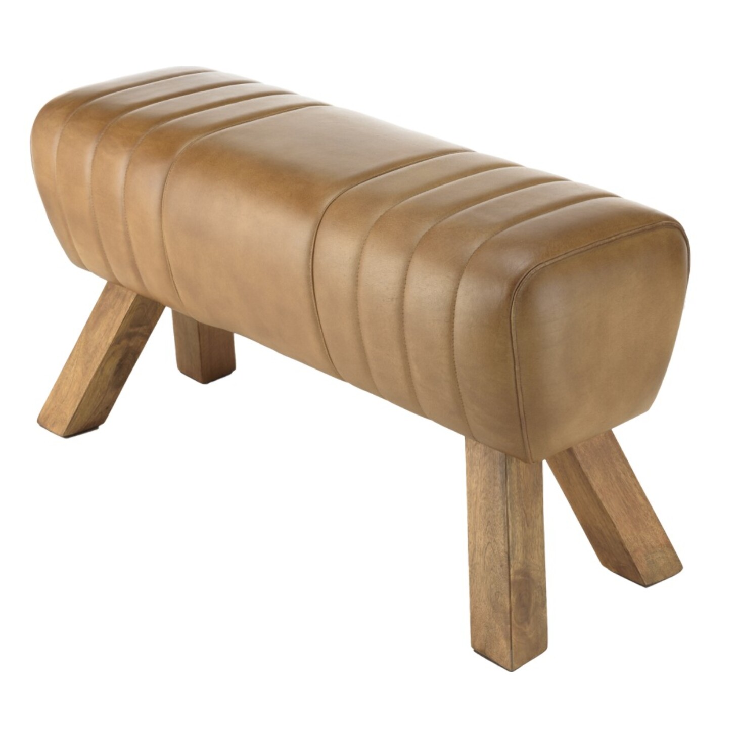 MARCEL - Banc matelassé cuir marron pieds inclinés en bois de manguier