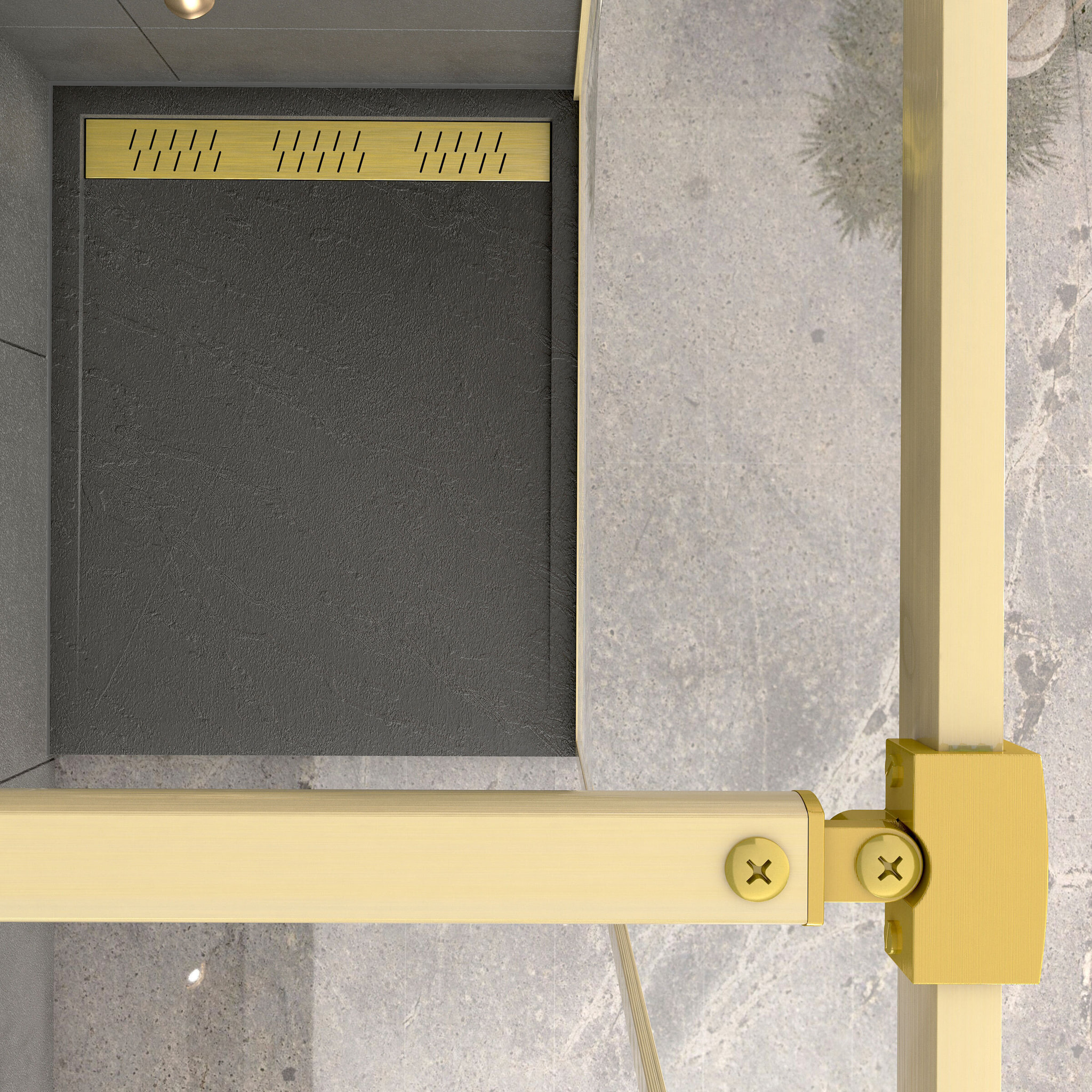 Paroi de Douche 100x200cm + Grille Finition Or Doré Brossé + Receveur gris effet pierre 100x80x4cm
