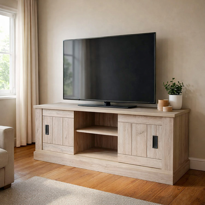 Mobile Porta TV 2 Ante Scorrevoli Con Vano A Giorno Con 2 Scomparti Interni Design Moderno Salvaspazio Soggiorno 145 x 46 x 60 Cm Colore Rovere Alaska