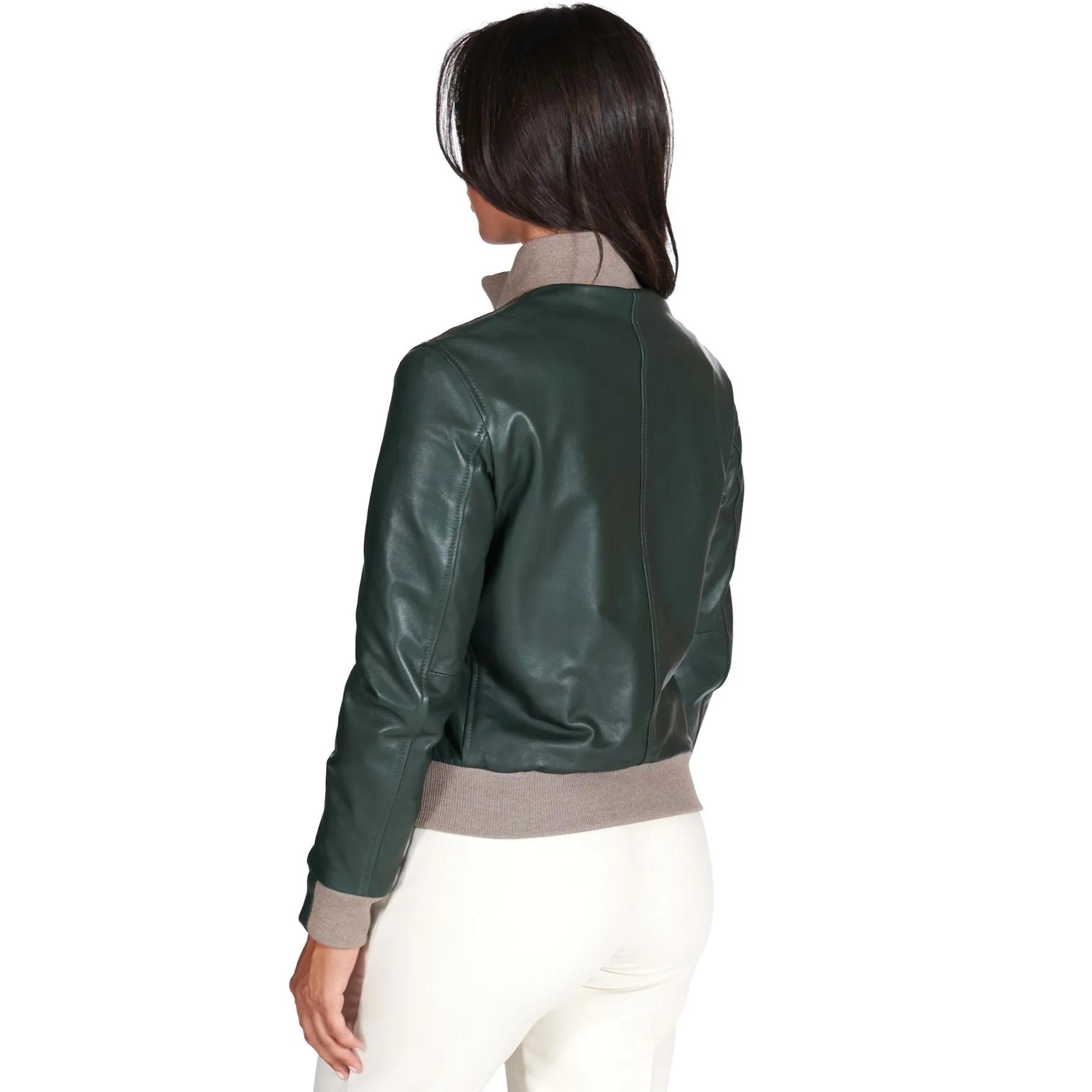 Bomber in pelle naturale verde collo in lana merino