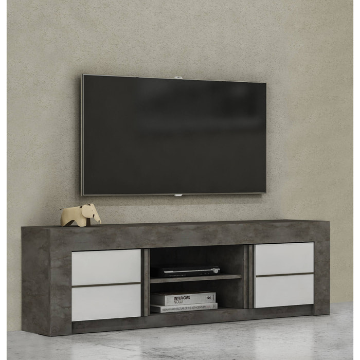 Mobile da soggiorno porta TV moderno, Credenza bassa a 2 ante, Made in Italy, cm 170x42xh52, colore Bianco e Ossido