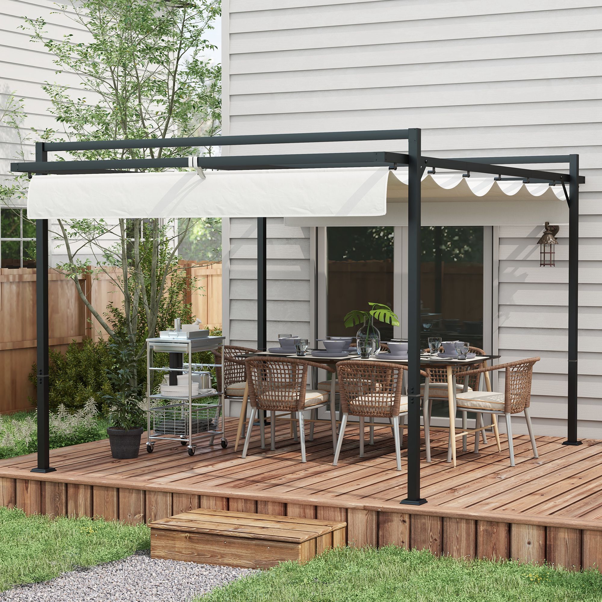 Pérgola 3x4 m Gazebo Cenador de Jardín con Techo Retráctil de Poliéster y 12 Orificios de Drenaje Pérgola para Patio Terraza Exterior Blanco y Gris Oscuro