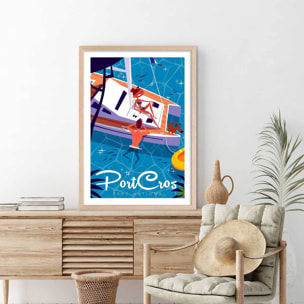 Poster de baignade à port cros Affiche + cadre en bois - Chêne