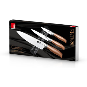 set de 3 cuchillos en acero inoxidable + soporte magnético de pared