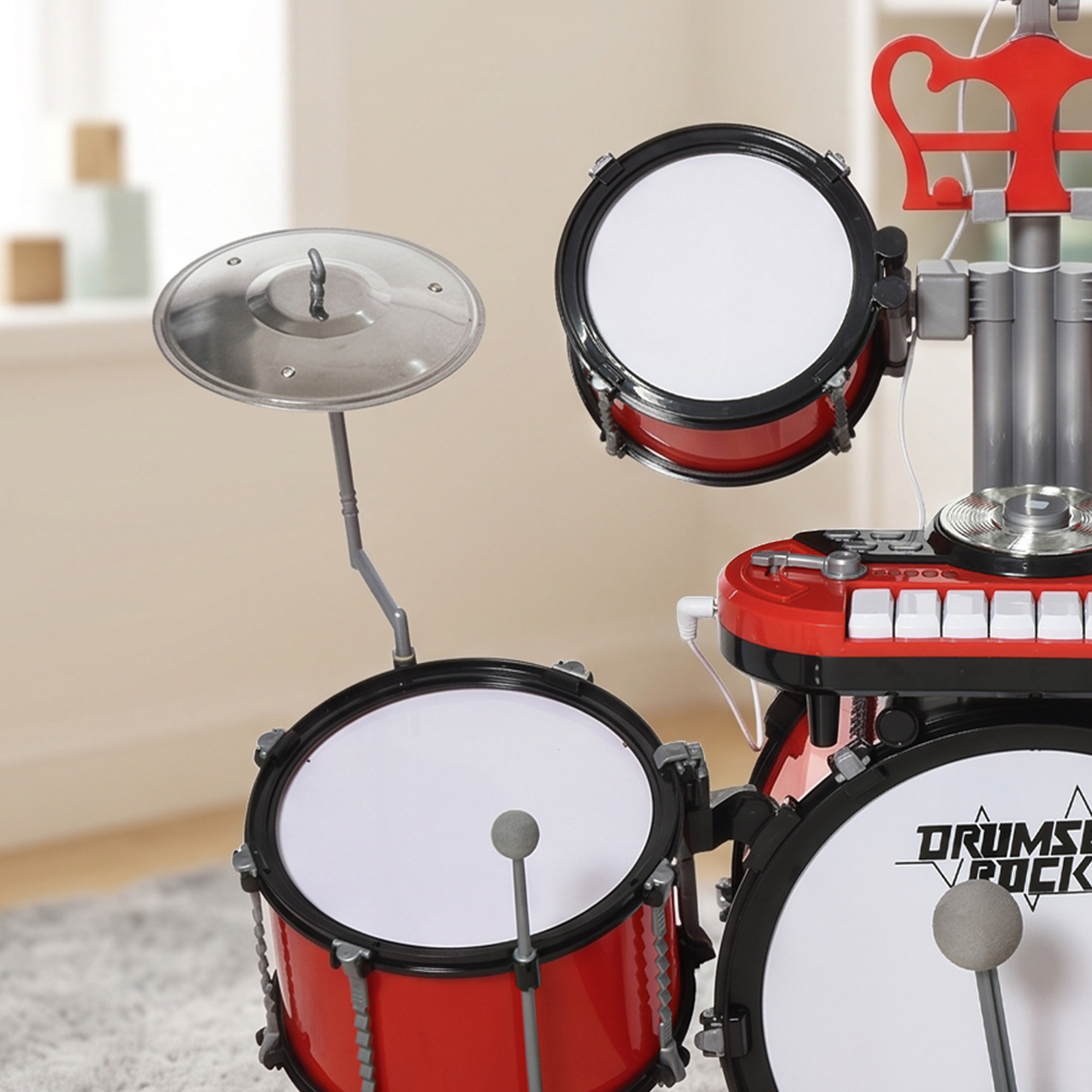 Kit de batterie enfant drum set avec tabouret micro connexion USB et accessoires