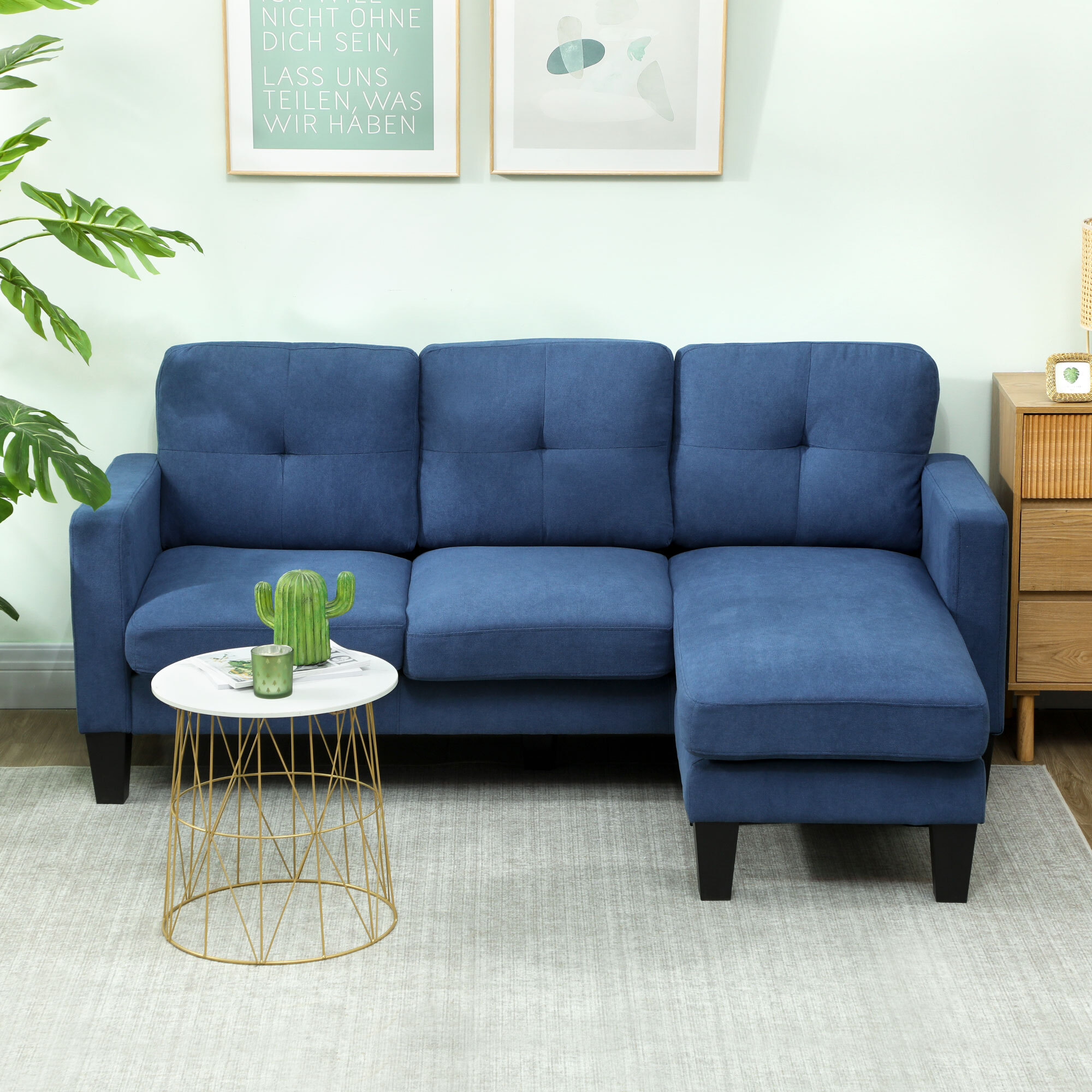 Canapé d'angle 3 places méridienne réversible garnissage mousse haute densité tissu aspect lin bleu