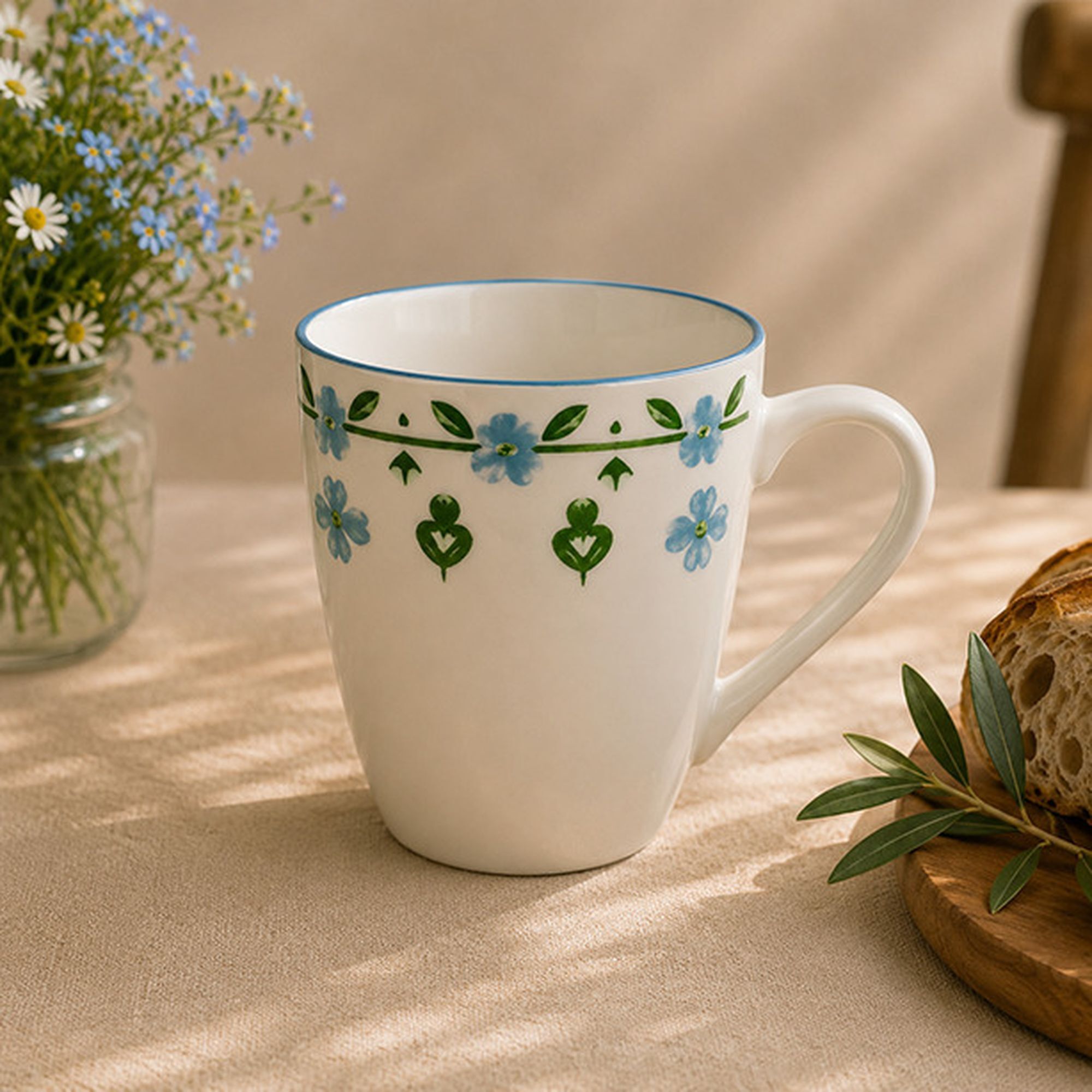 Lot de 6 mugs 36cl en porcelaine blanc et bleu floral PRIMAVERA