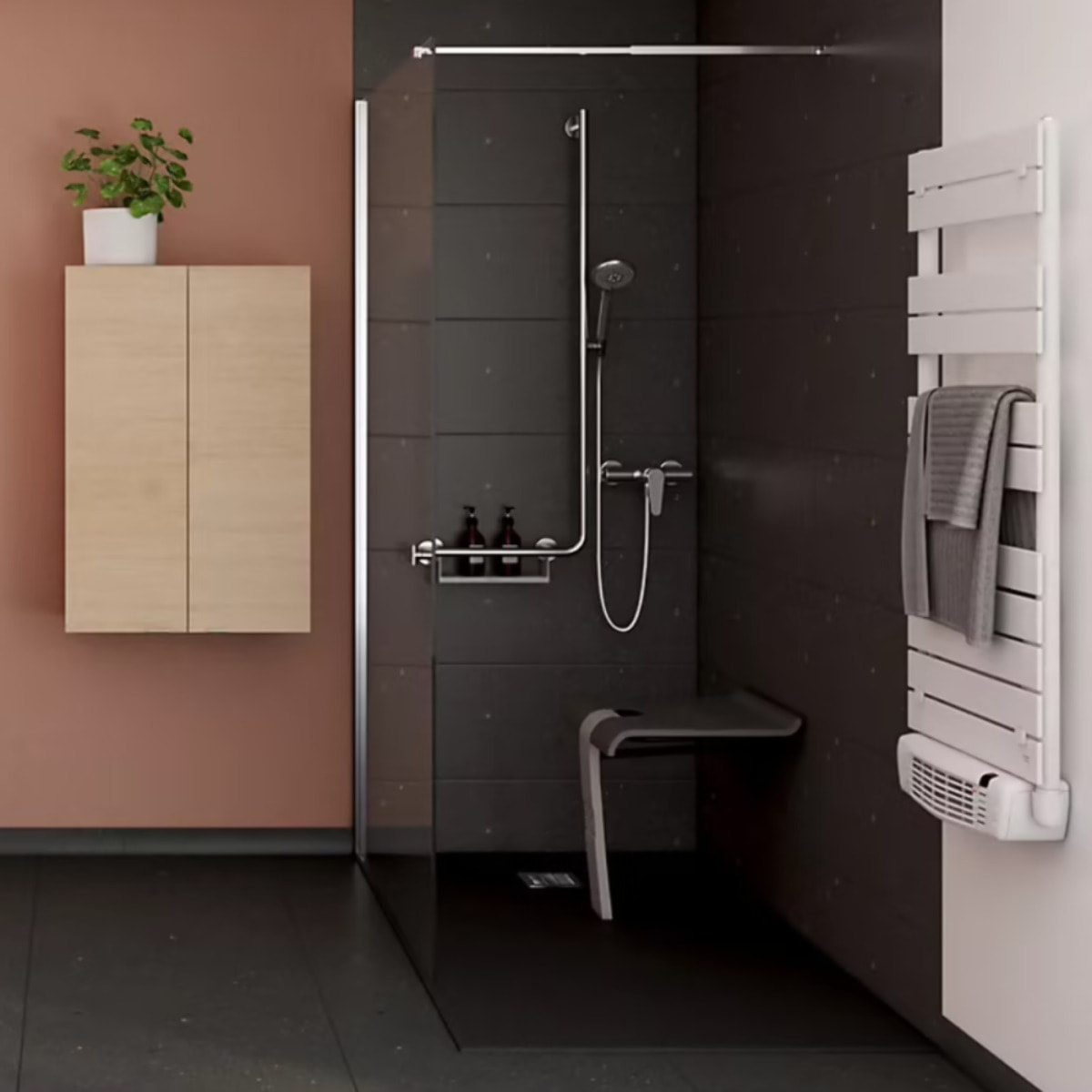 Siège de douche PMR PELLET Design escamotable gris anthracite piètement aluminium époxy gris