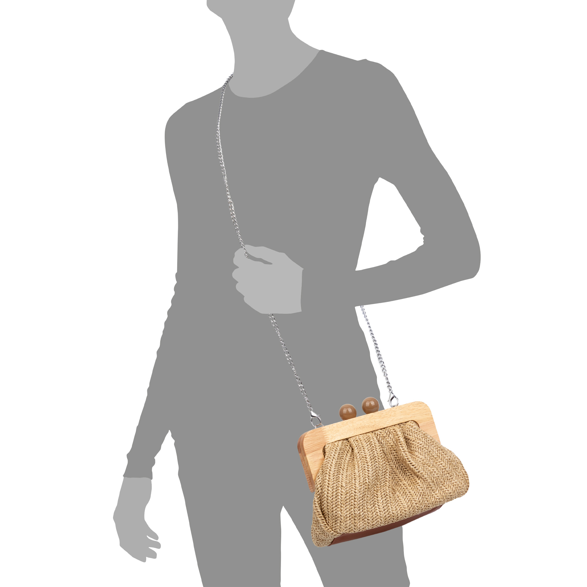 BeneLario Bolso bandolera Mujer. Tela con detalles de madera natural y piel sintética.