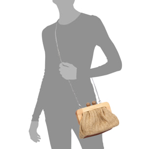 BeneLario Bolso bandolera Mujer. Tela con detalles de madera natural y piel sintética.
