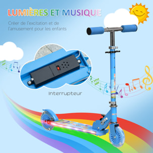 Trottinette pliable enfant à partir de 3 ans roues repose-pied LED frein à friction arrière hauteur guidon réglable 4 niv. métal bleu