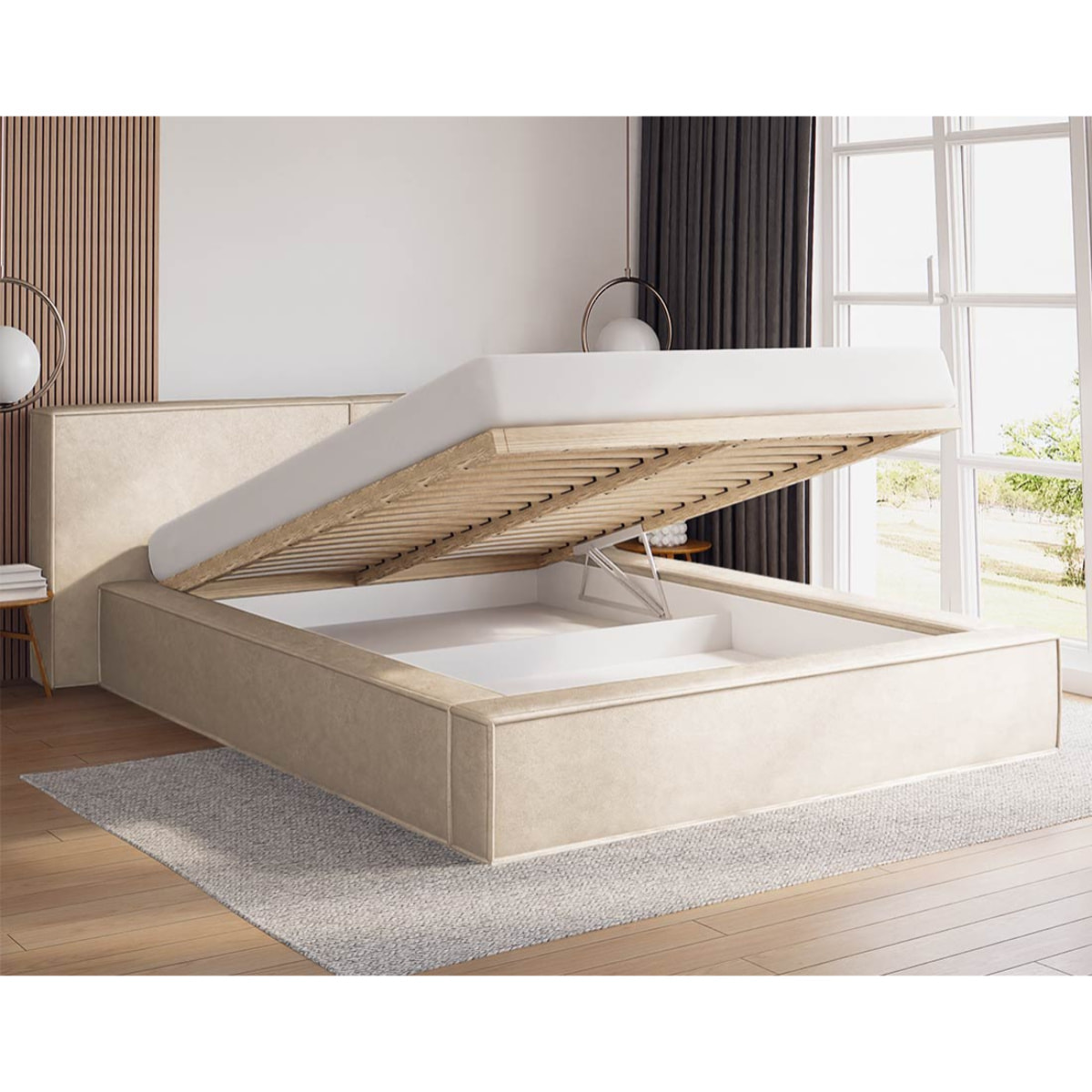 Eros - lit coffre - 180x200 cm - sommier inclus - en velours - Beige