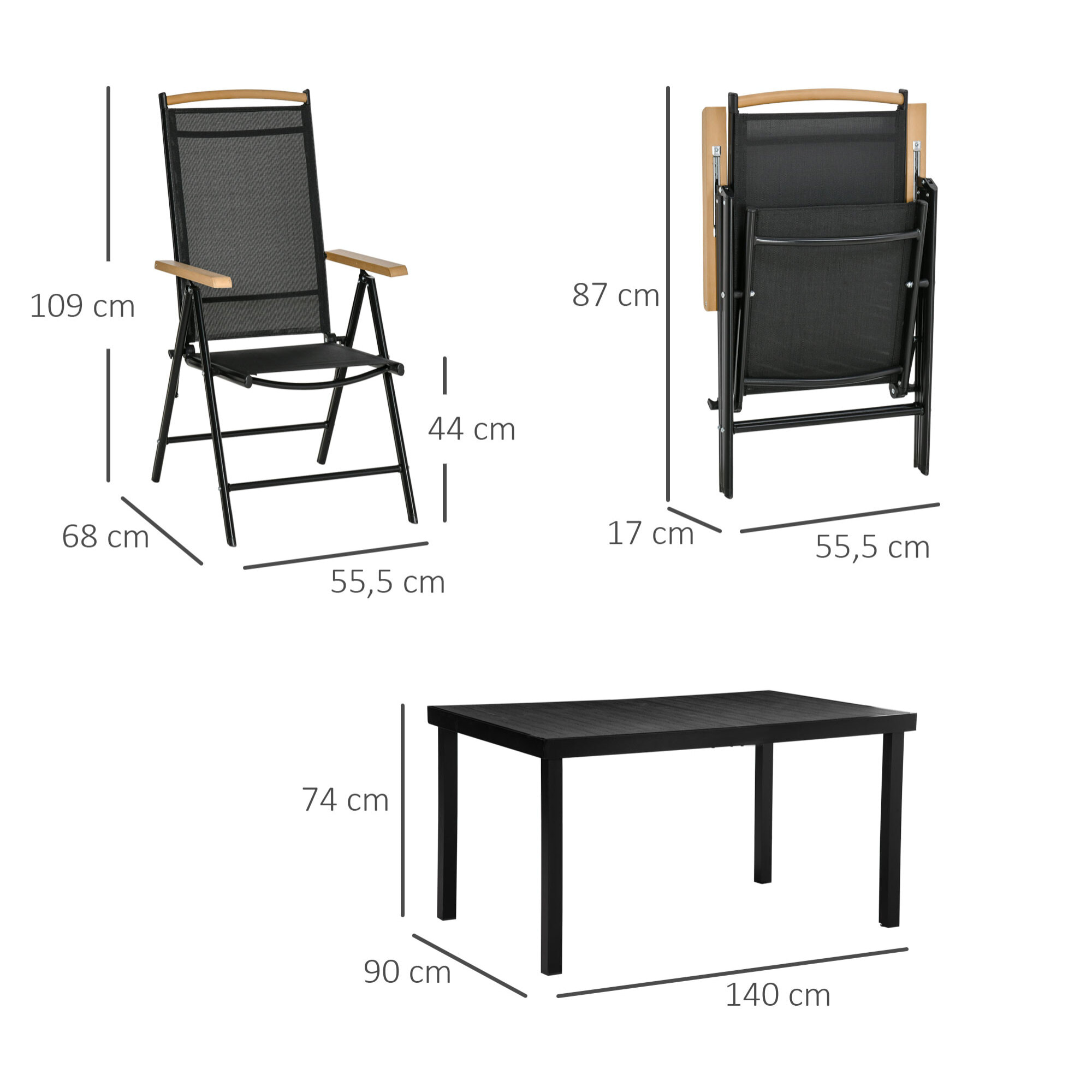 Ensemble table de jardin 6 personnes - chaises pliables inclinables accoudoirs - alu textilène noir plastique effet bois