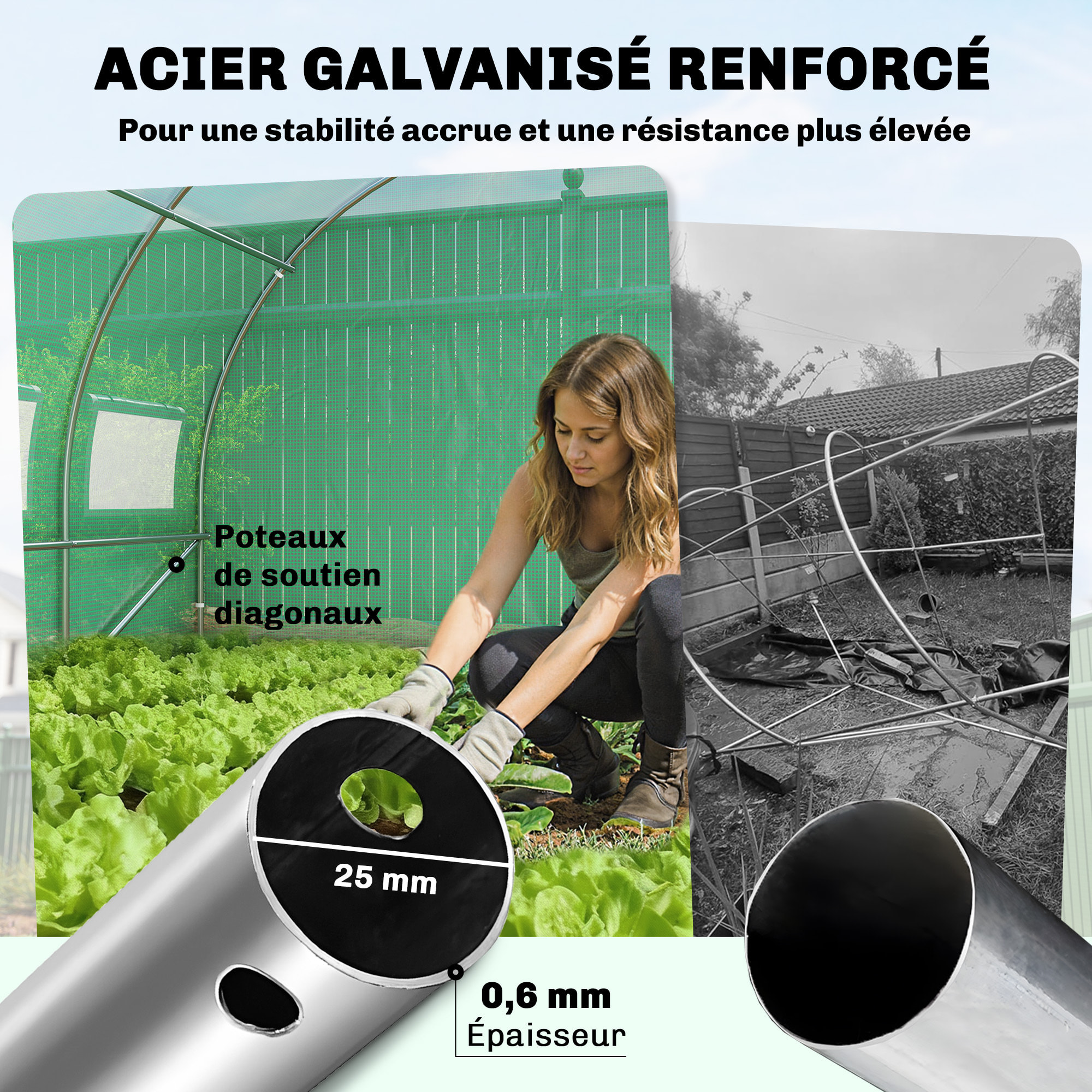 Serre tunnel de jardin 18 m² porte 12 fenêtres enroulables acier PE vert