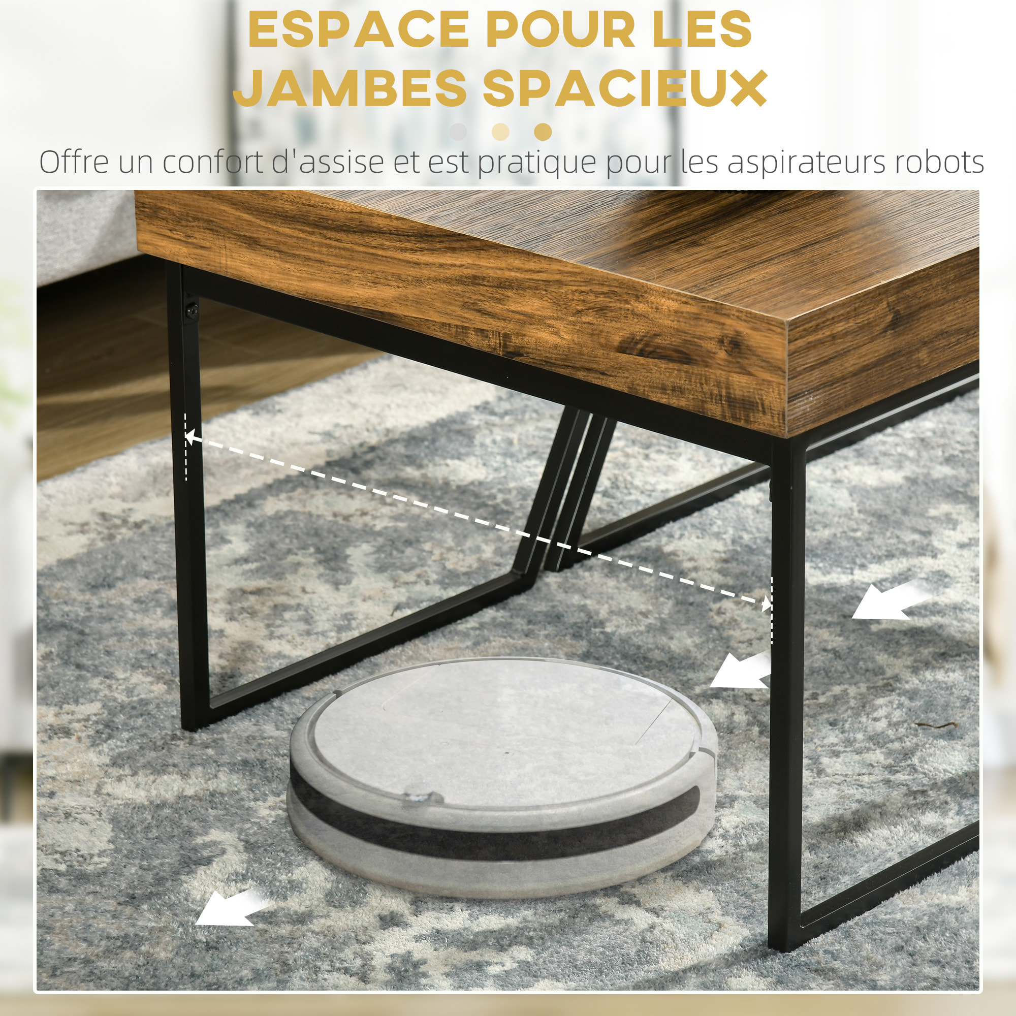 Lot de 2 tables basses design industriel géométrique - effet bois et acier noir