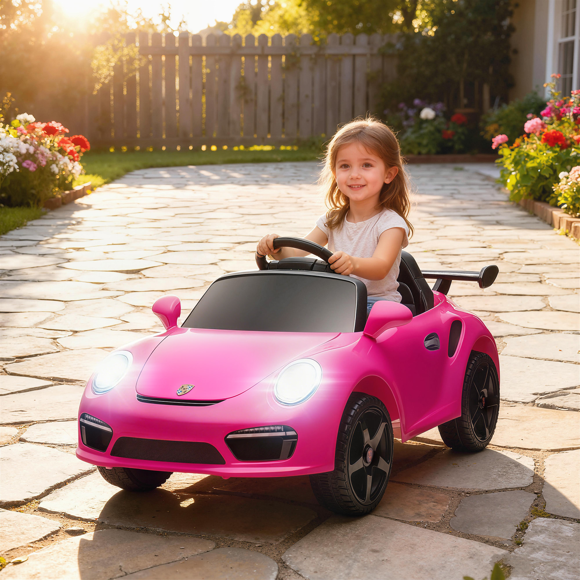 Coche Eléctrico para Niños con Licencia RUF CTR 3 Clubsport, Coche de Batería 12V, con Mando a Distancia 2,4 G, Motor Doble, Música Inalámbrica, Bocina, Ruedas Auxiliares y Faros LED, Rosa