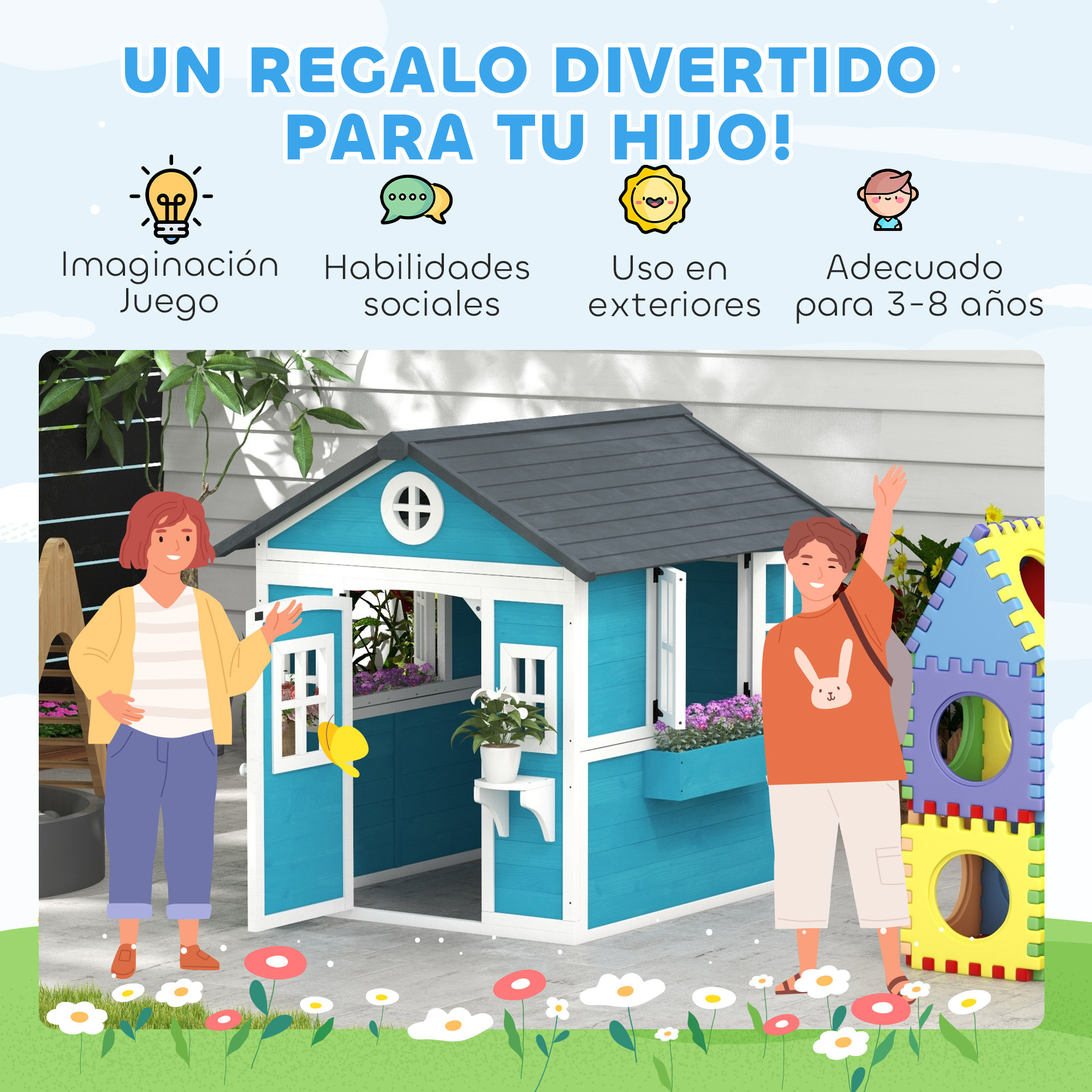 Casa de Jardín Infantil Casa de Madera para Niños con Puerta Ventanas Jardineras y Soportes de Flores 114x126,4x135 cm Azul